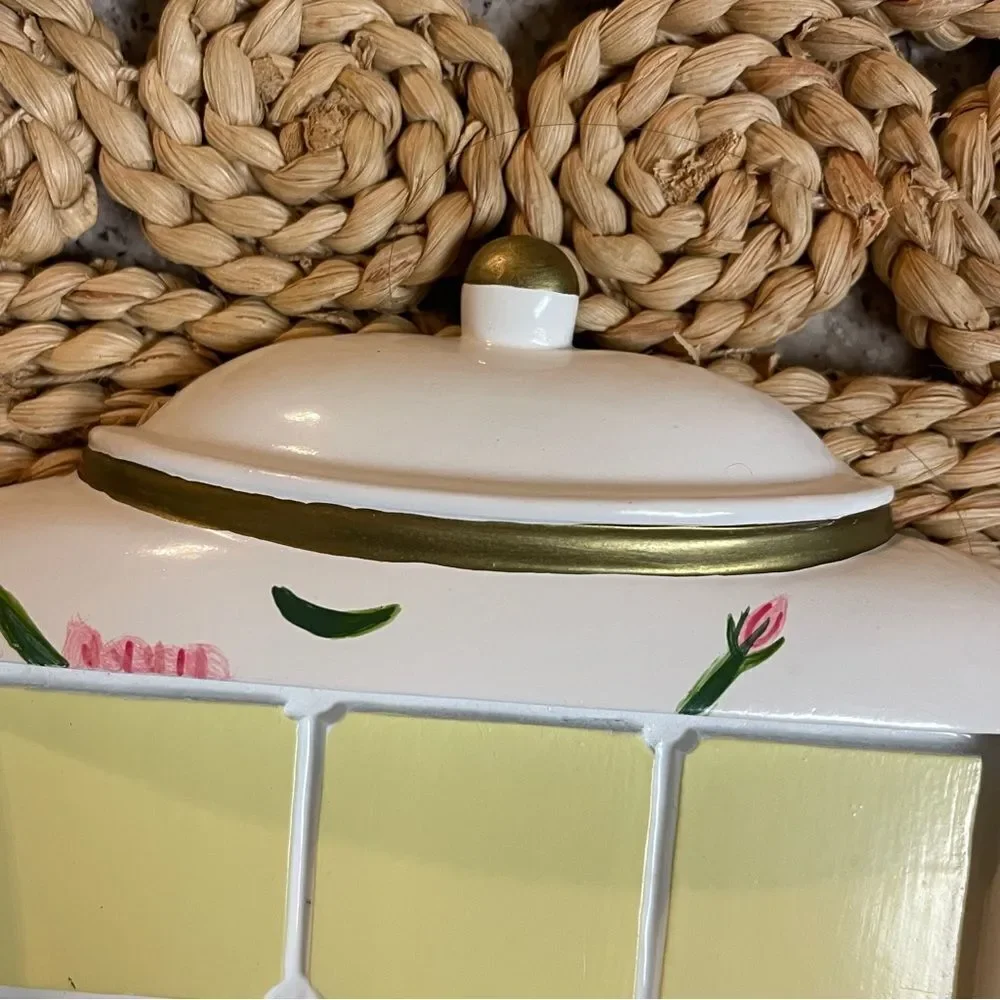 Decorative Handpainted Teapot-Shaped Ceramic and Tile Trivet White Pink Floral